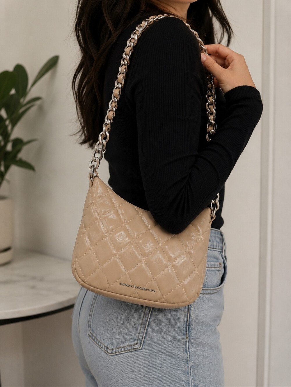 French Connection Eliza Diamond Quilted Crossbody & Handbag Combo Latte NWT
